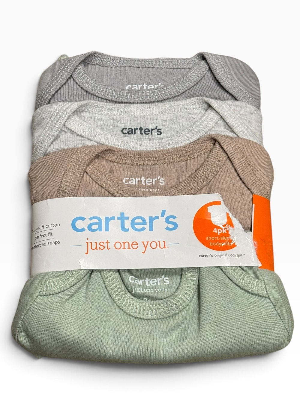 CARTER’S 4-Pack Short-Sleeve Bodysuits 3 Mo. Gray/Light Gray/Taupe/Sage NEW